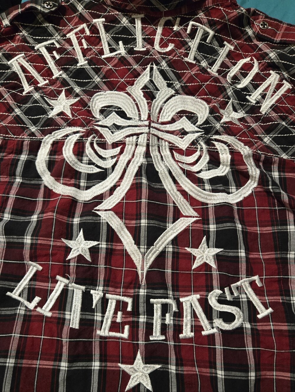 Affliction Red and Black Plaid Shirt with White Embroidered Crest
